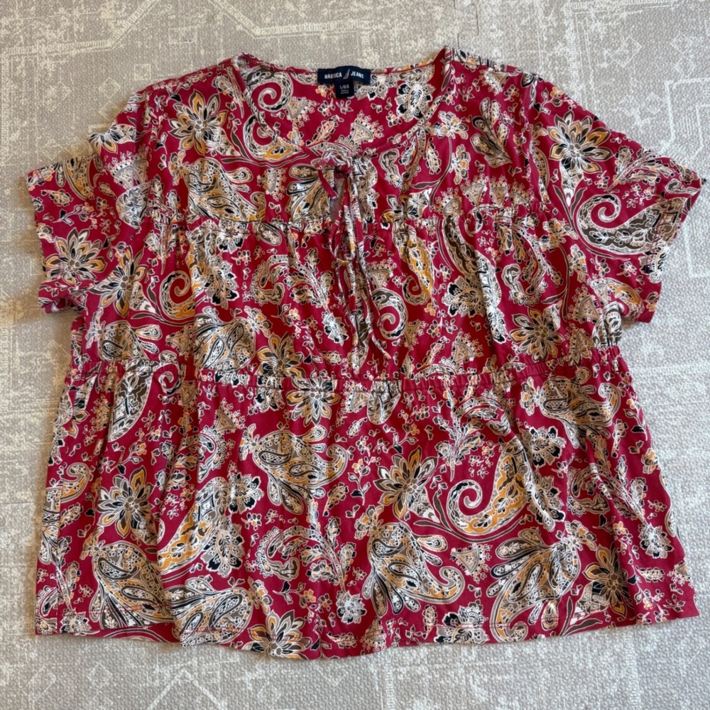Nautica Jeans Top Womens Large Red Paisley Boho Tie Neck Short Sleeve